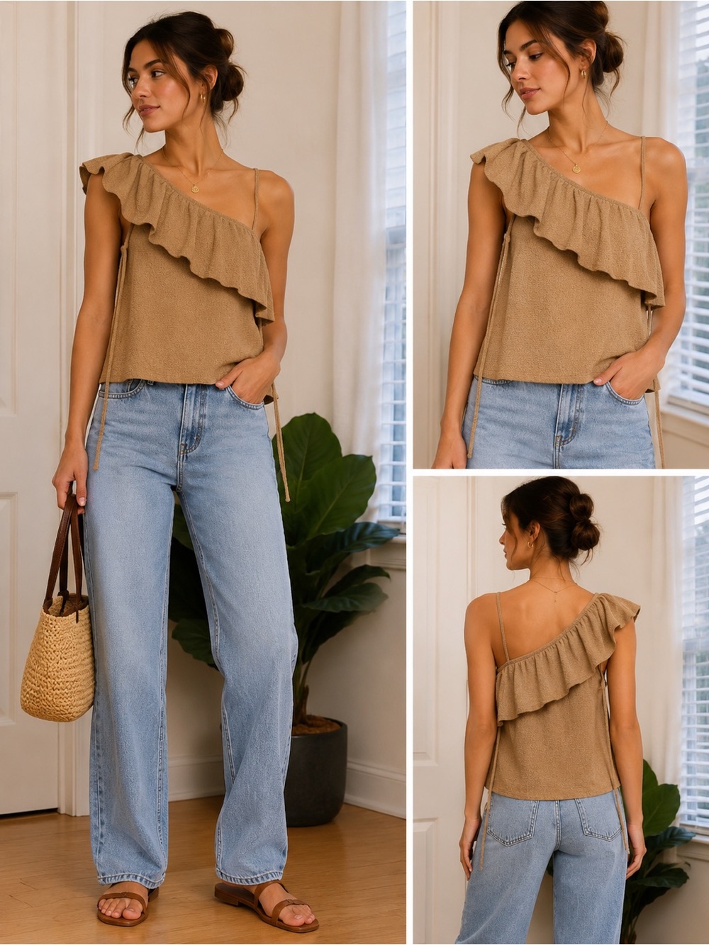 Zara Textured One-Shoulder Ruffle Top